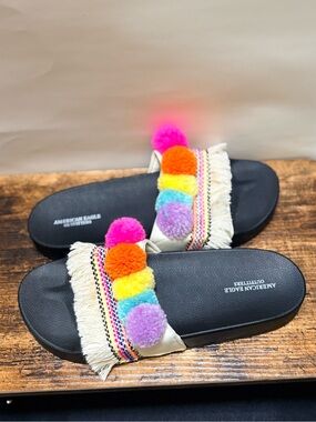 American Eagle Outfitters | Neon Pom Pom Boho Fringe Slides - Women's 8, Black